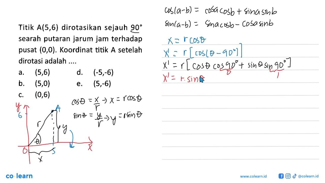 Titik A(5,6) dirotasikan sejauh 90 searah putaran jarum jam