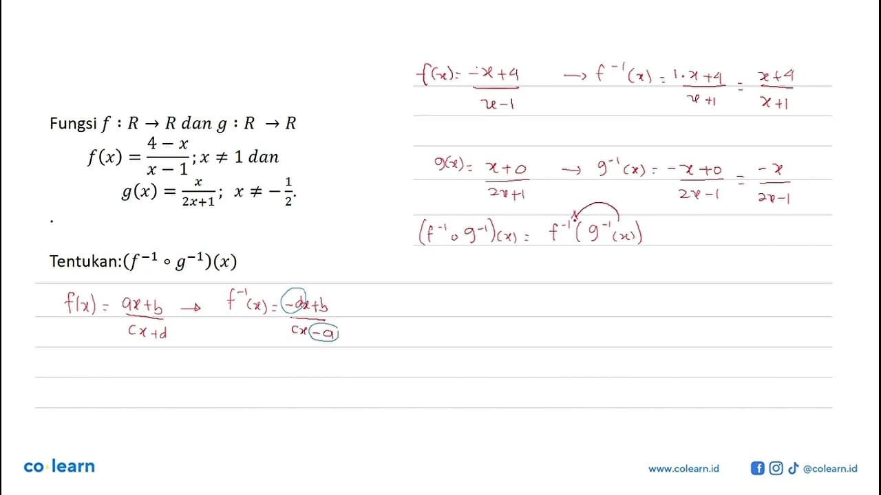 Fungsi f:R->R dan g:R->R f(x)=(4-x)/(x-1); x=/=1 dan