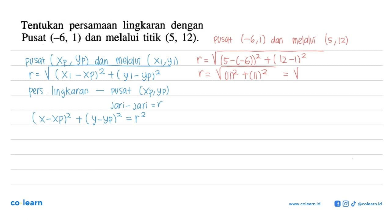 Tentukan persamaan lingkaran dengan Pusat (-6, 1) dan