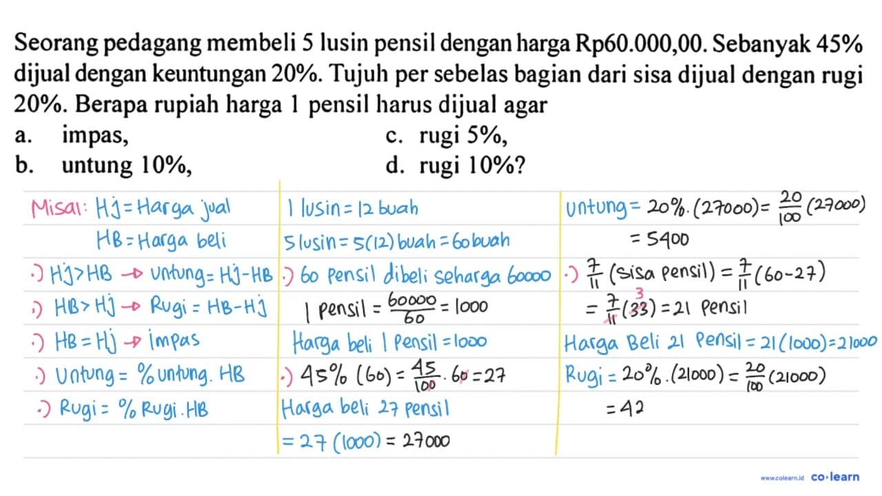 Seorang pedagang membeli 5 lusin pensil dengan harga