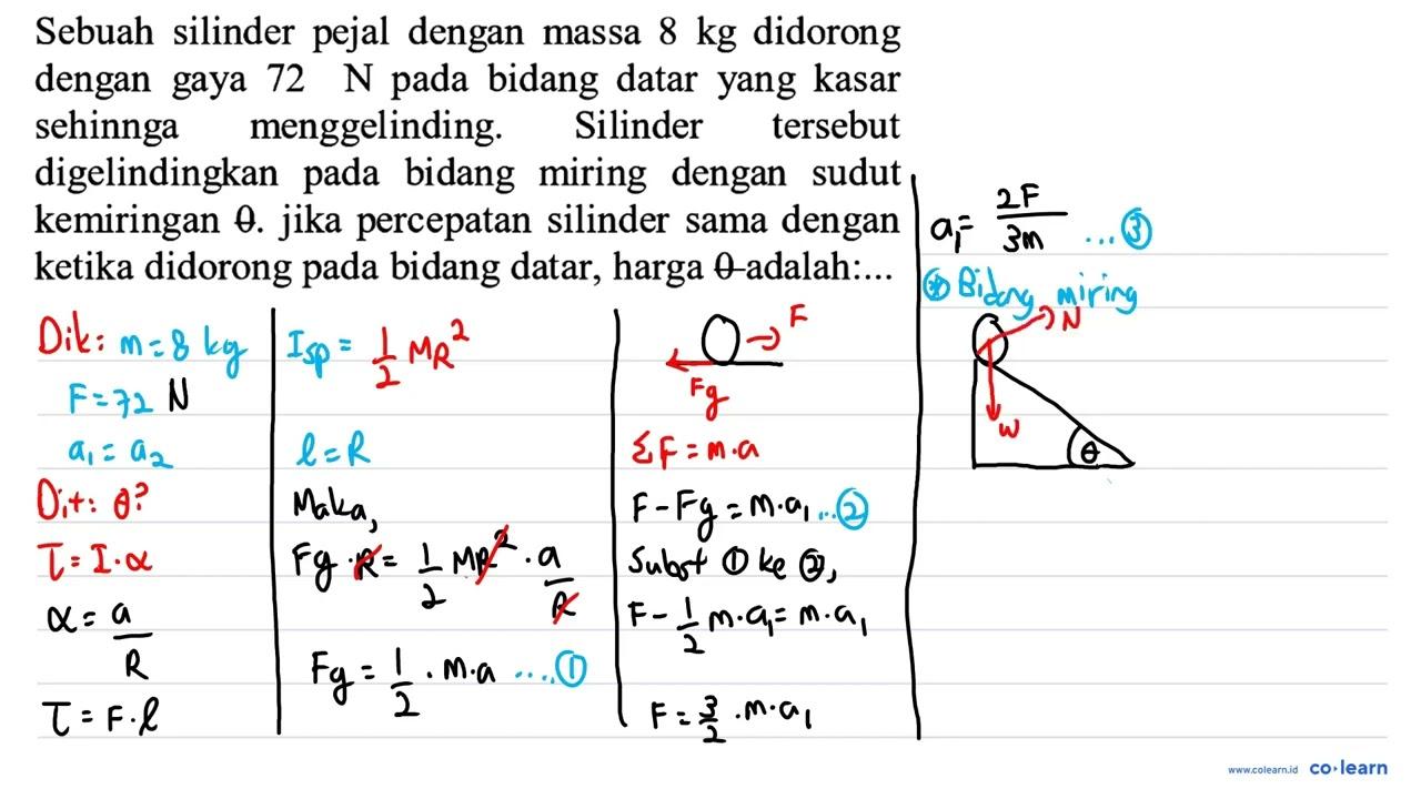 Sebuah silinder pejal dengan massa 8 kg didorong dengan