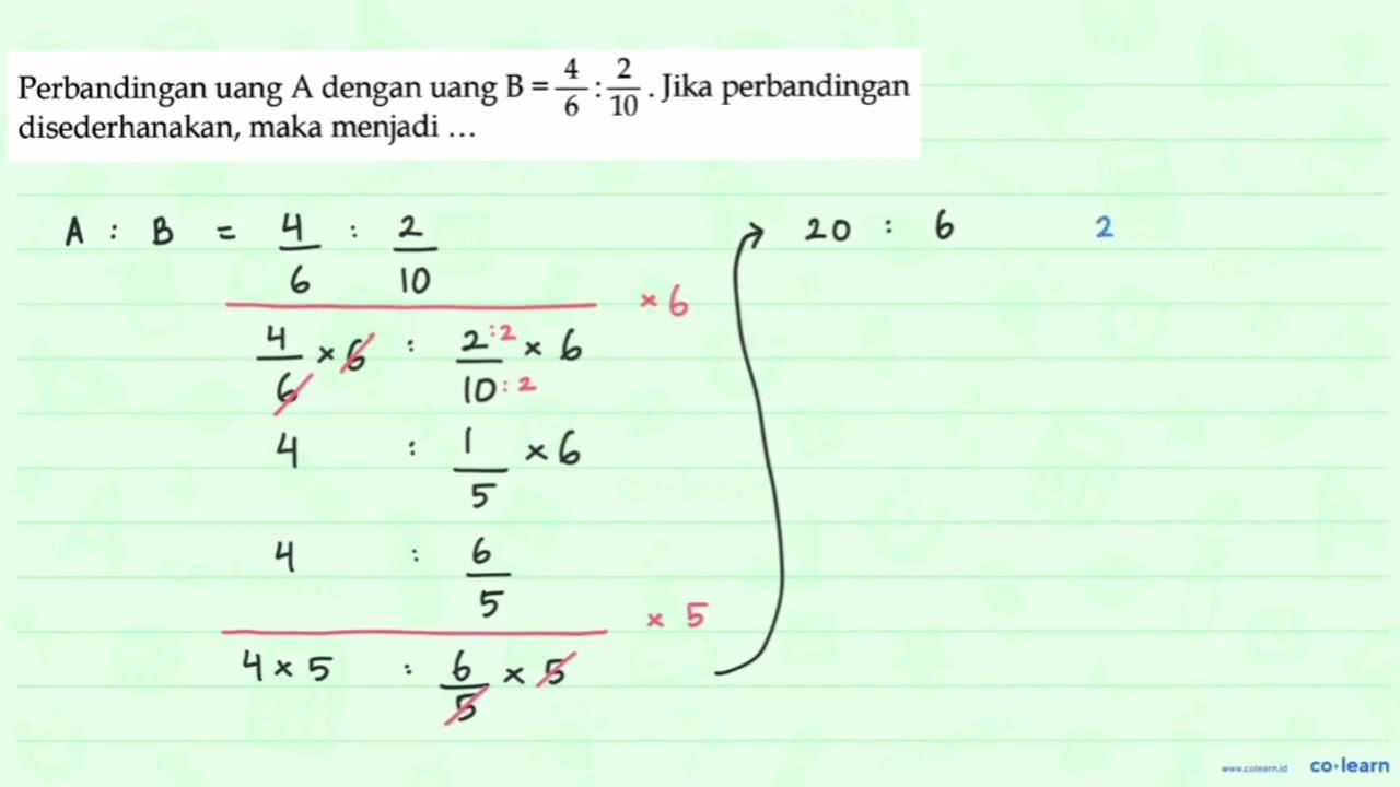 Perbandingan uang A dengan uang B = 4/6 : 2/10. Jika