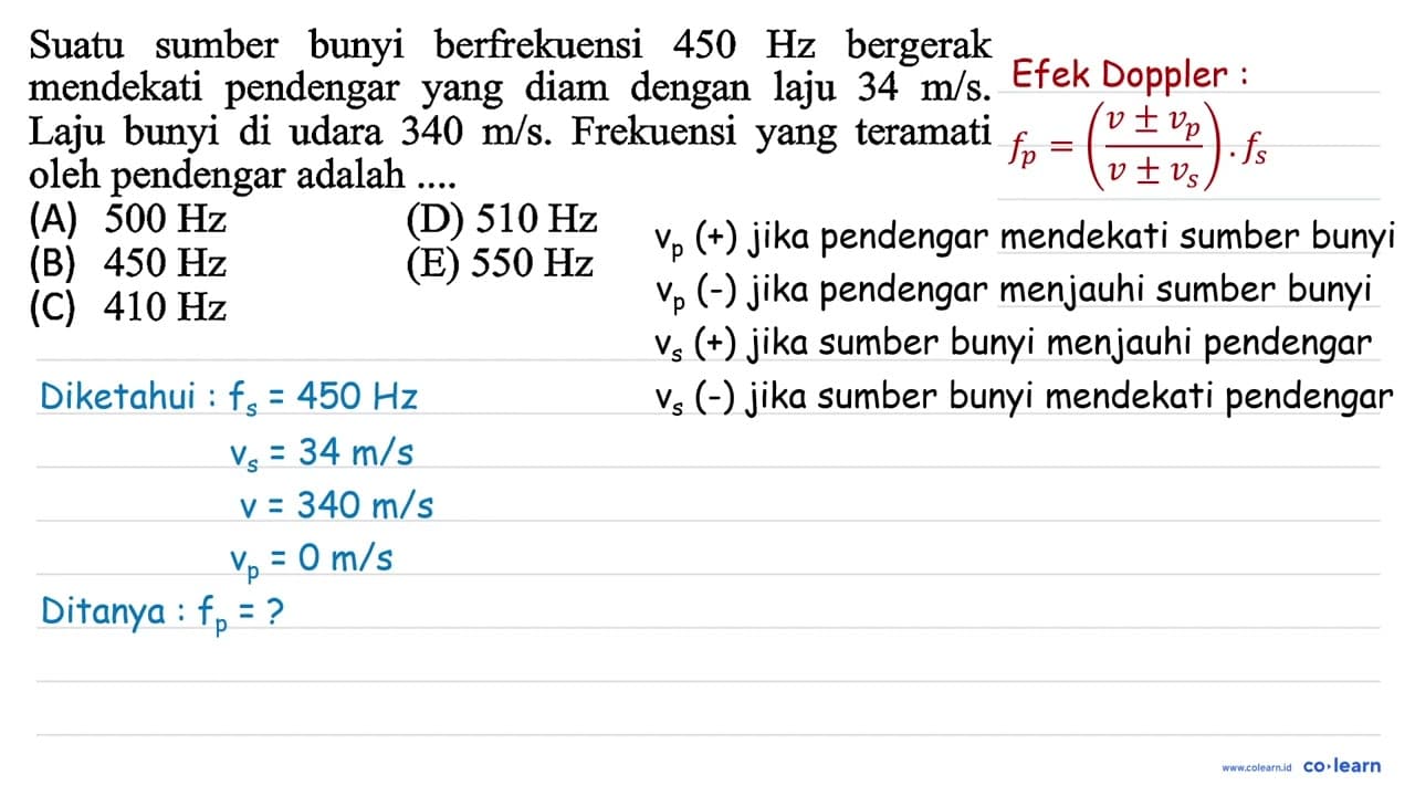 Suatu sumber bunyi berfrekuensi 450 Hz bergerak mendekati