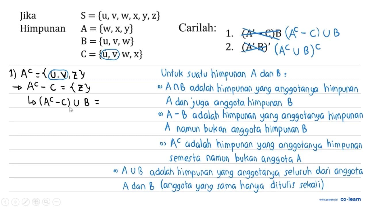 { Jika ) S={u, v, w, x, y, z} { Himpunan ) A={w, x, y}