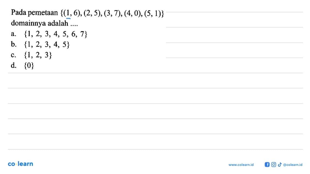 Pada pemetaan {(1,6), (2,5), (3,7), (4,0), (5,1)} domainnya