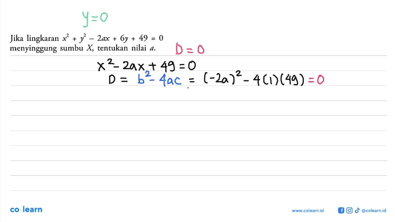 Jika lingkaran x^2+y^2-2ax+6y+49=0 menyinggung sumbu X ,