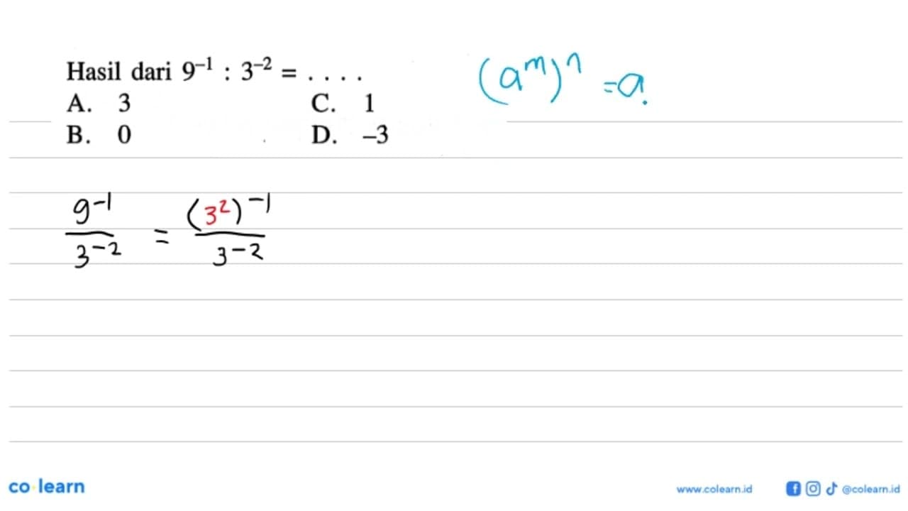 Hasil dari 9^-1 : 3^-2 =....