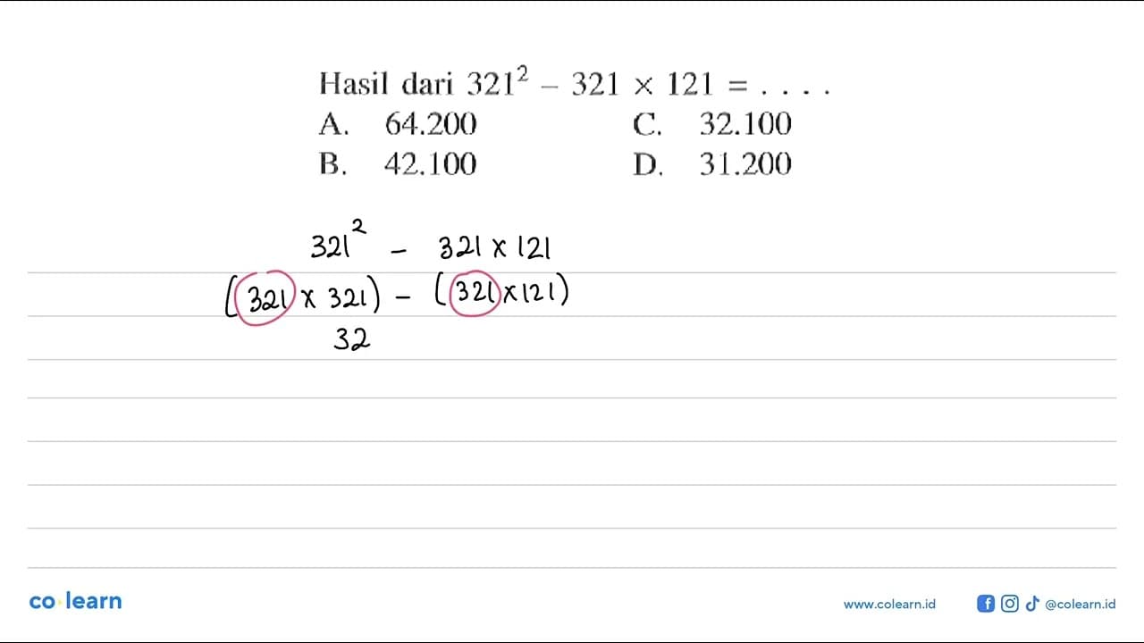 Hasil dari 321^2 - 321 x 121 = ....