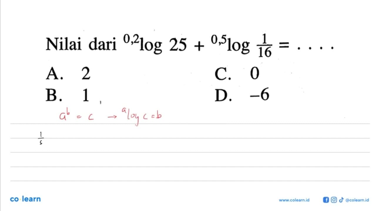 Nilai dari 0,2log25+ 0,5log(1/16)=...