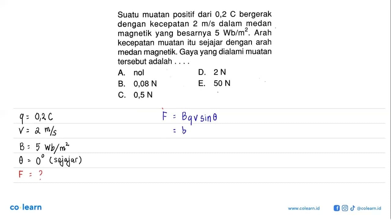 Suatu muatan positif dari 0,2 C bergerak dengan kecepatan 2