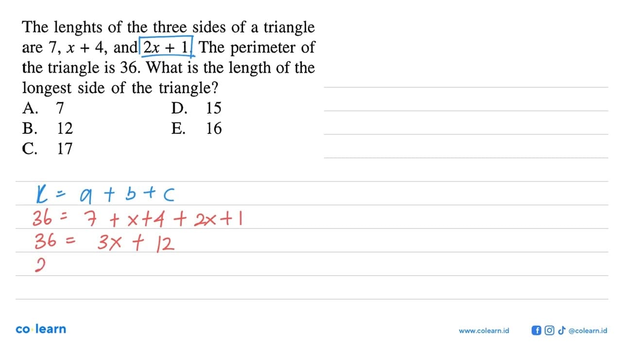 The lenghts of the three sides of a triangle are 7, x+4,