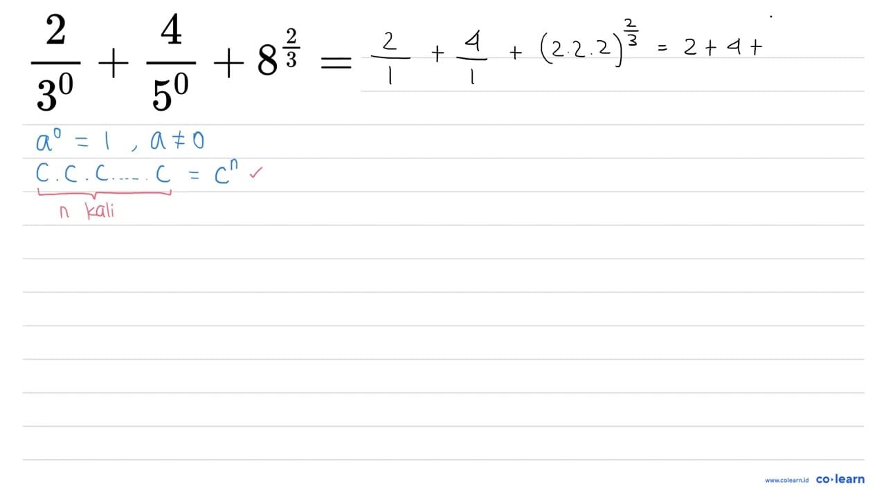 (2)/(3^(0))+(4)/(5^(0))+8^((2)/(3))=