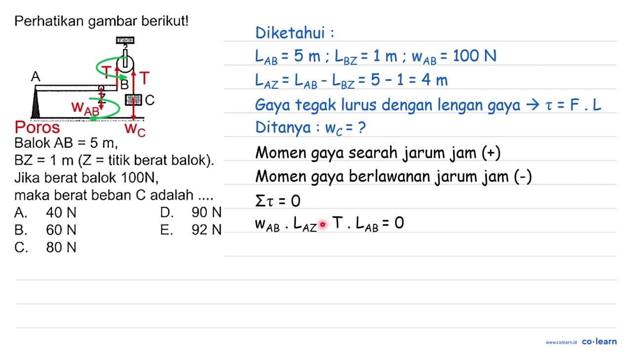Perhatikan gambar berikut!Balok AB=5 m, BZ=1 m (Z=titik