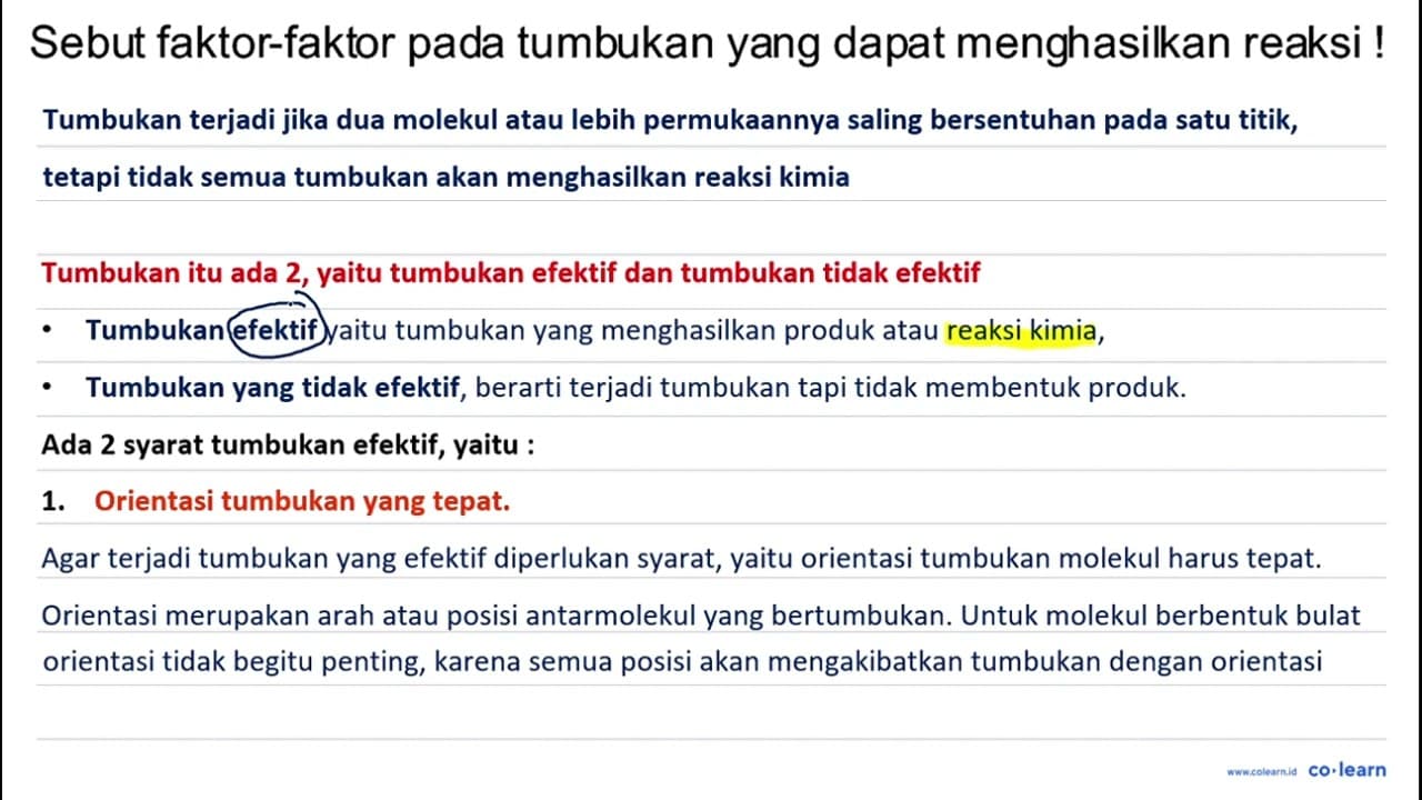 Sebut faktor-faktor pada tumbukan yang dapat menghasilkan