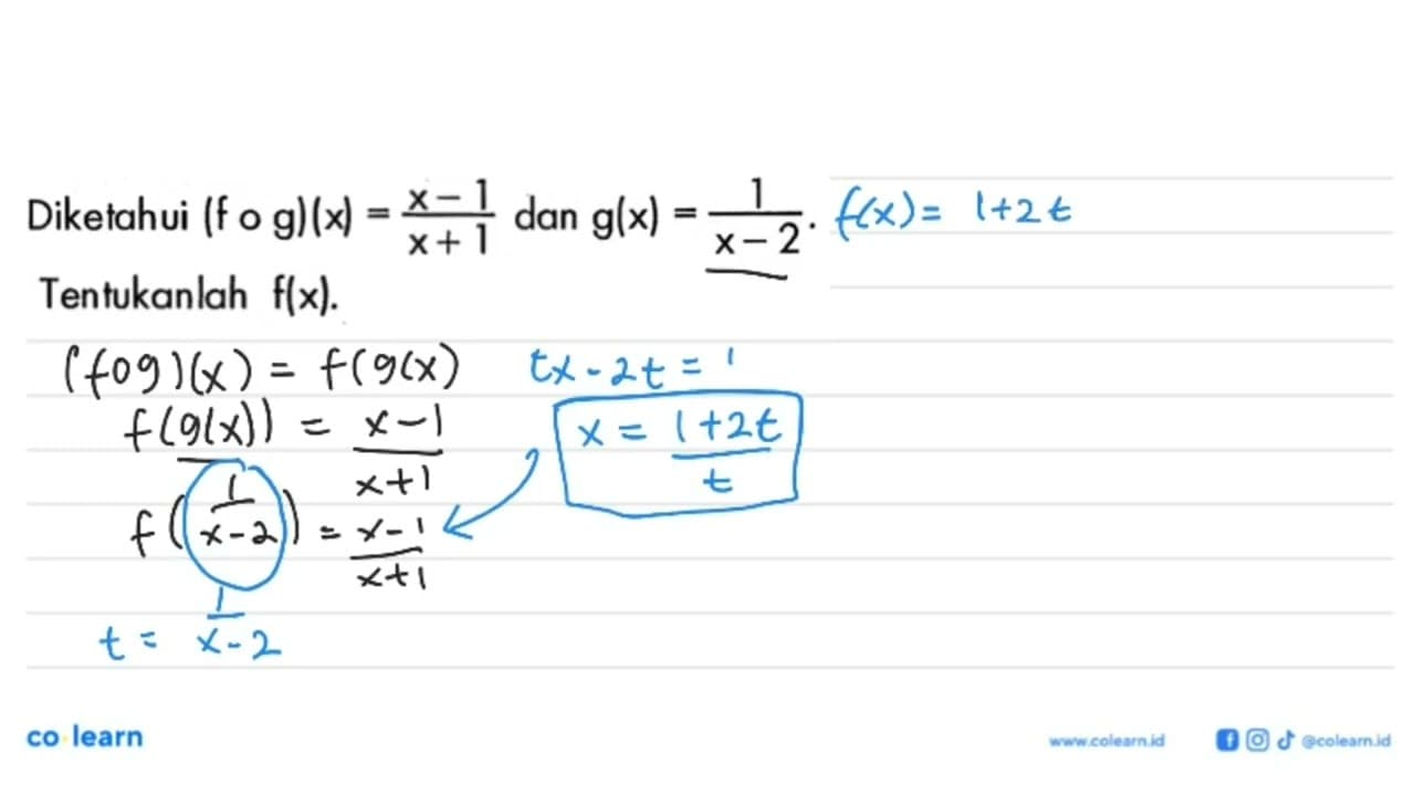 Diketahui (fog)(x)=(x-1)/(x+1) dan g(x)=1/(x-2).