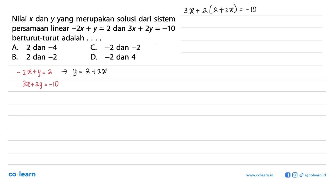 Nilai x dan y yang merupakan solusi dari sistem persamaan