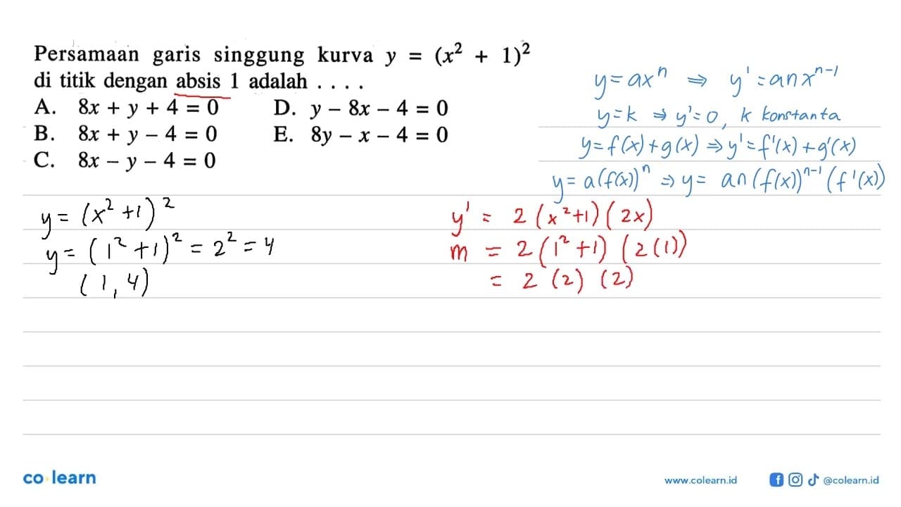 Persamaan garis singgung kurva y=(x^2+1)^2 di titik dengan