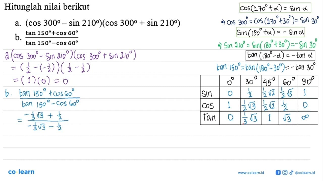 Hitunglah nilai berikut a. (cos 300 - sin 210)(cos 300 +