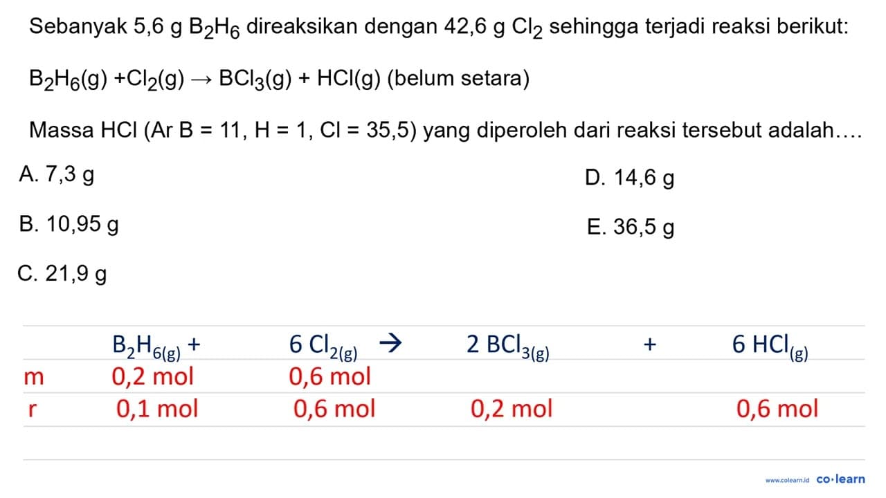 Sebanyak 5,6 g ~B2 H6 direaksikan dengan 42,6 g Cl2