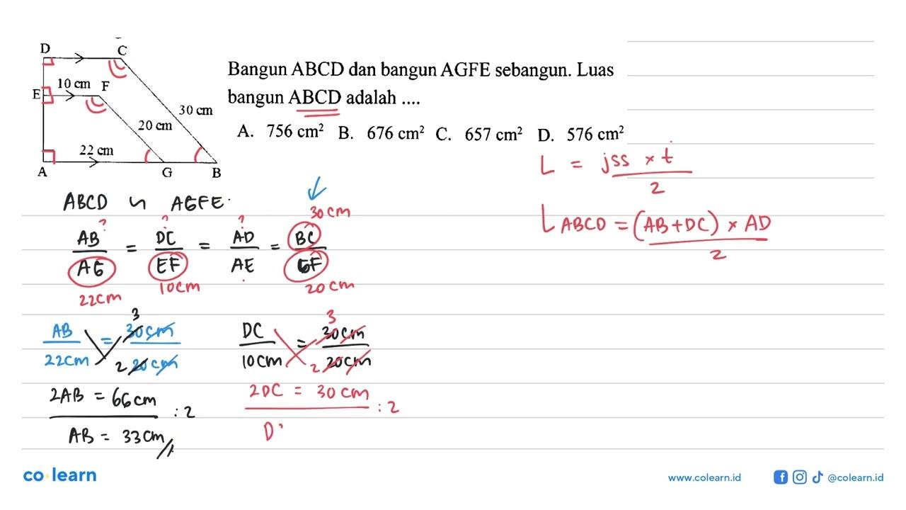 Bangun ABCD dan bangun AGFE sebangun. Luas bangun ABCD