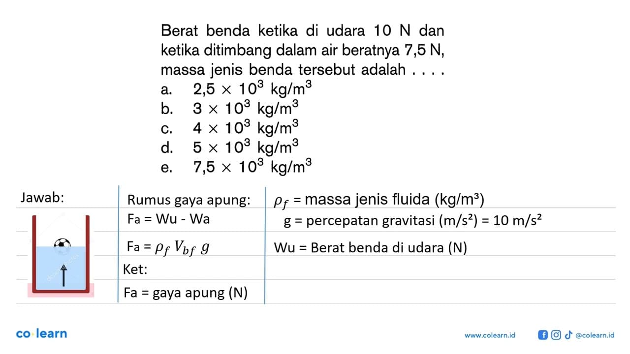 Berat benda ketika di udara 10 N dan ketika ditimbang dalam