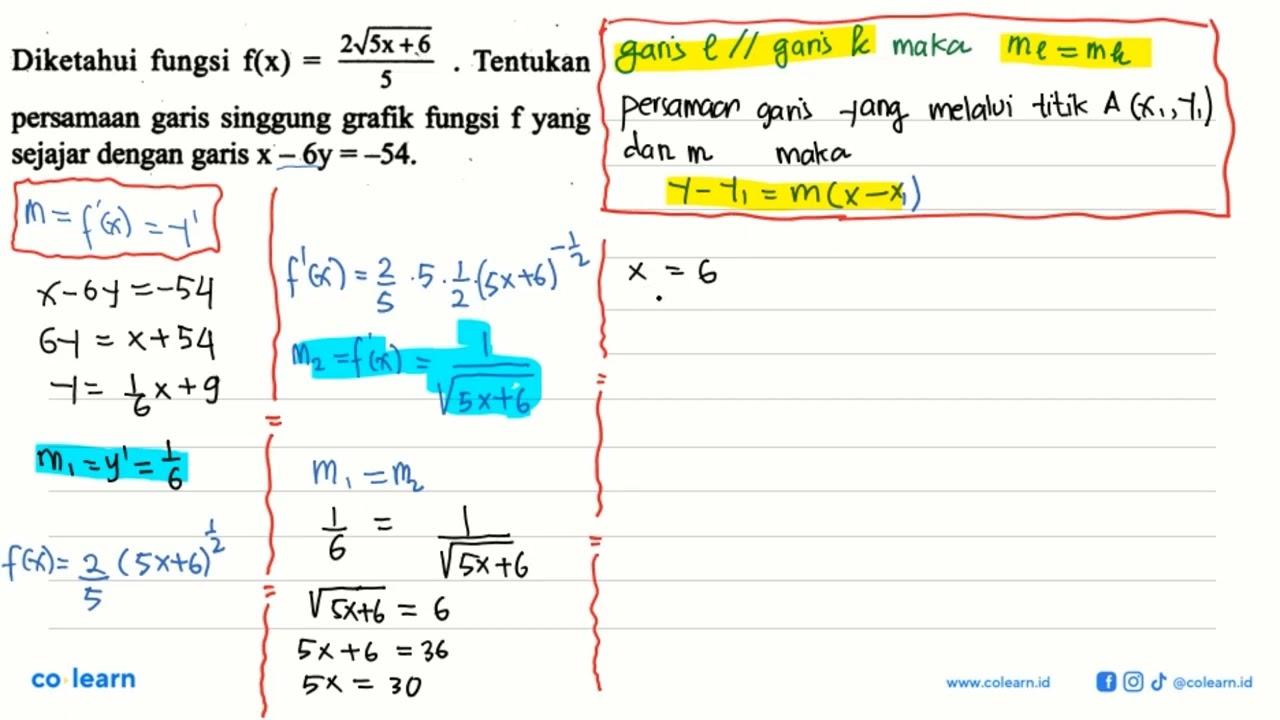 Diketahui fungsi f(x)=(2 akar(5x+6))/5. Tentukan persamaan