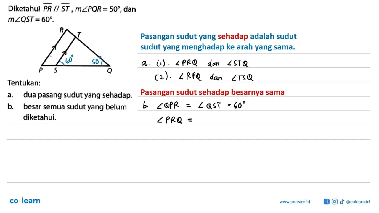 Diketahui PR // ST, m sudut PQR=50, dan m sudut QST=60. R T