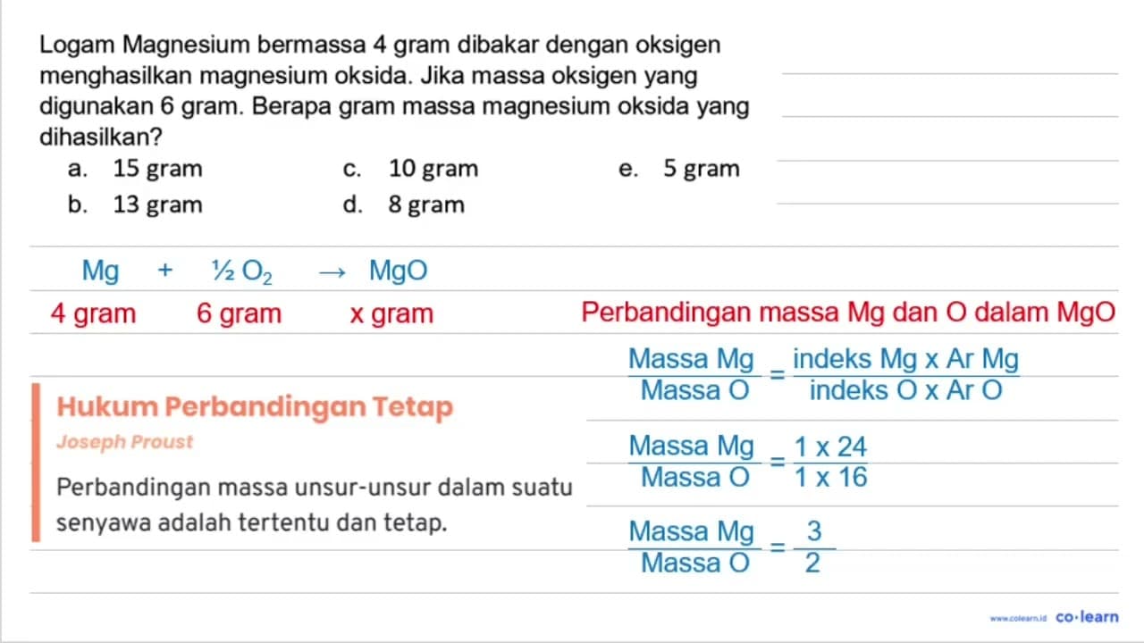 Logam Magnesium bermassa 4 gram dibakar dengan oksigen