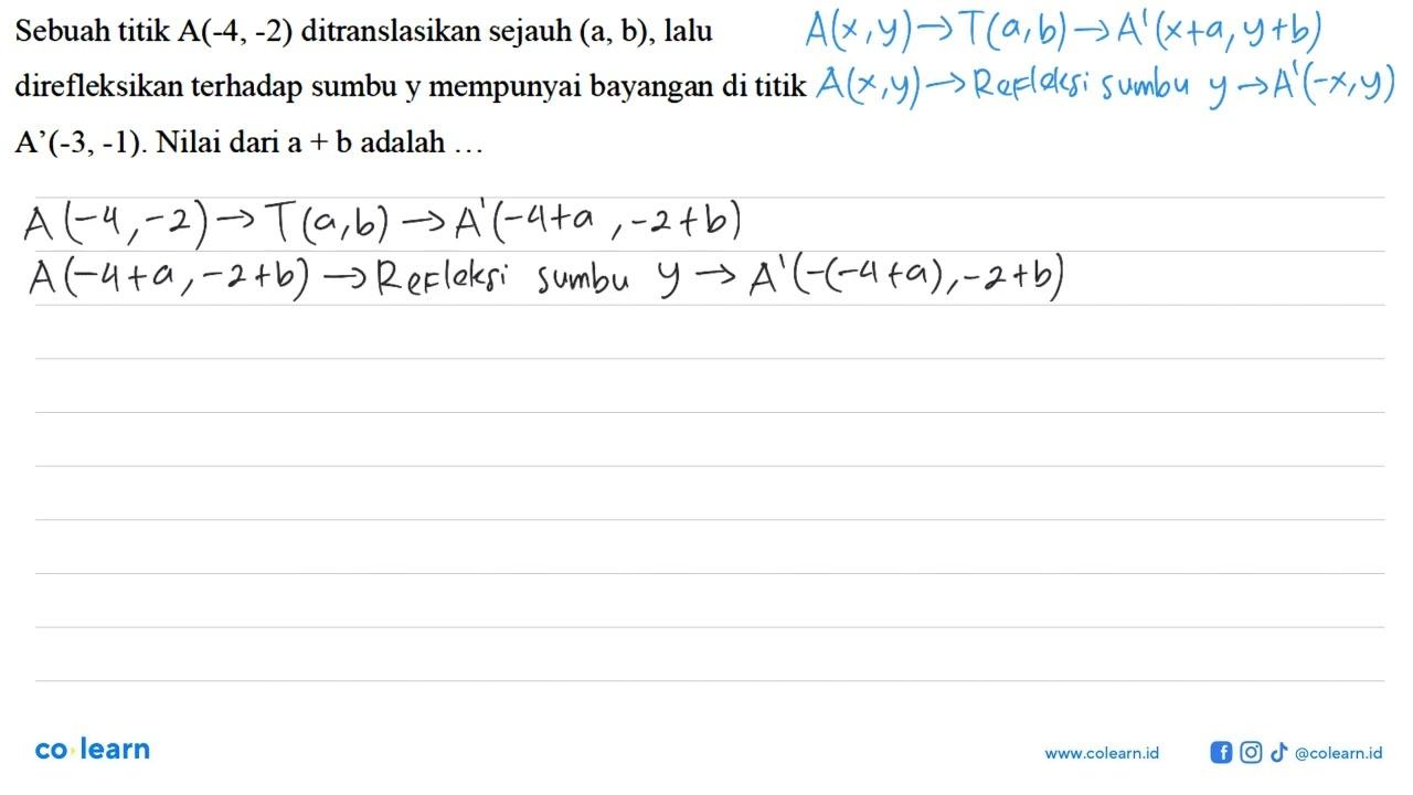 Sebuah titik A(-4,-2) ditranslasikan sejauh (a,b), lalu