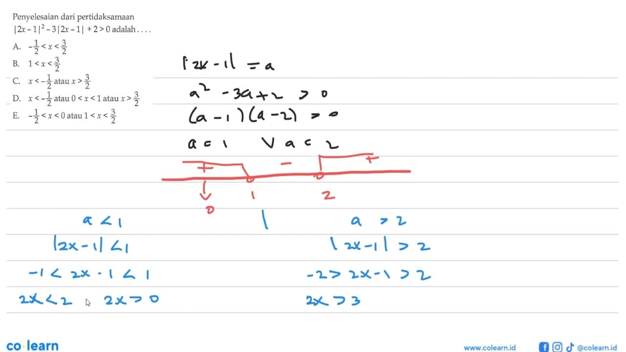 Penyelesaian dari pertidaksamaan |2x-1|^2-3|2x-1|+2>0