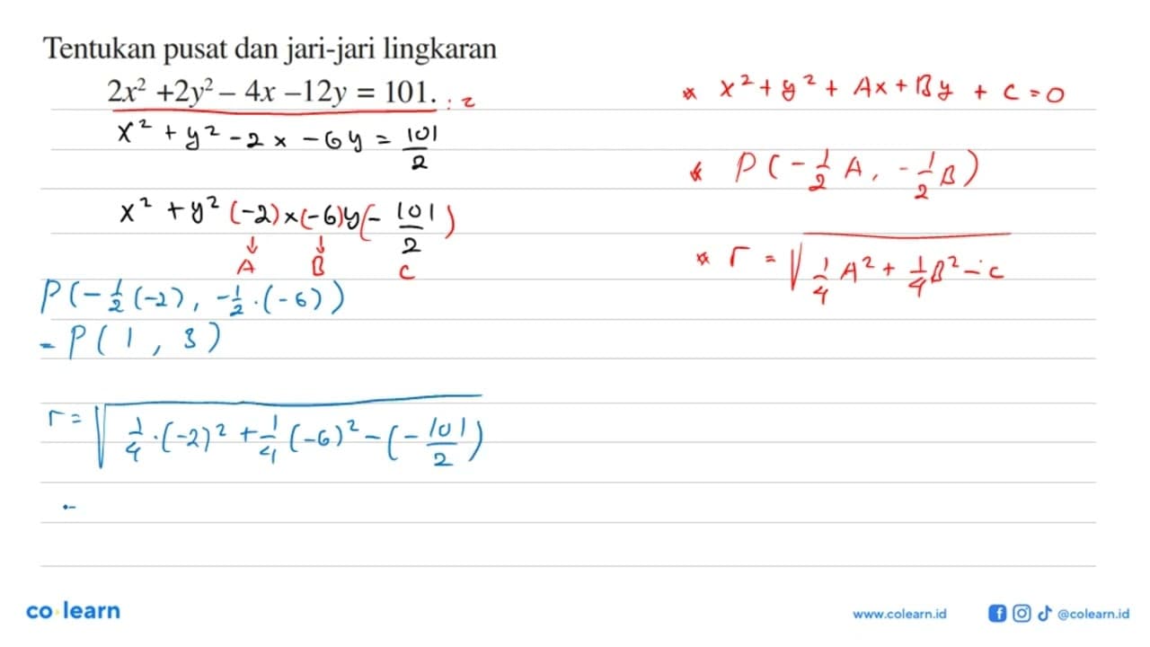 Tentukan pusat dan jari-jari lingkaran 2 x^2+2