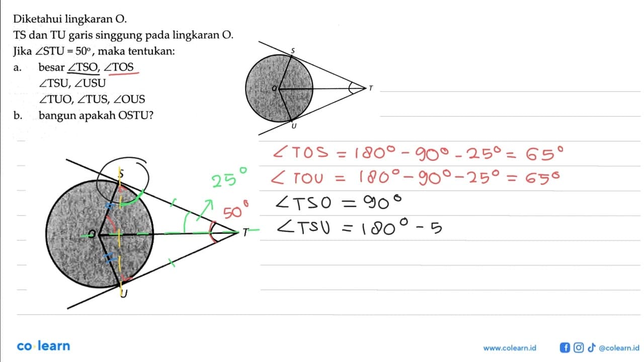 Diketahui lingkaran O. TS dan TU garis singgung pada