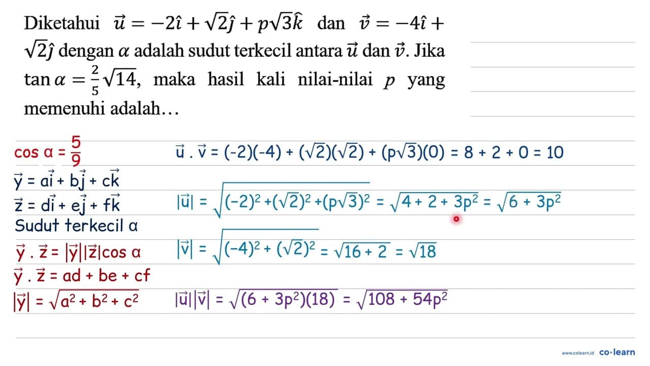 Diketahui u = -2i + akar(2) j + p akar(3) k dan v = -4i +