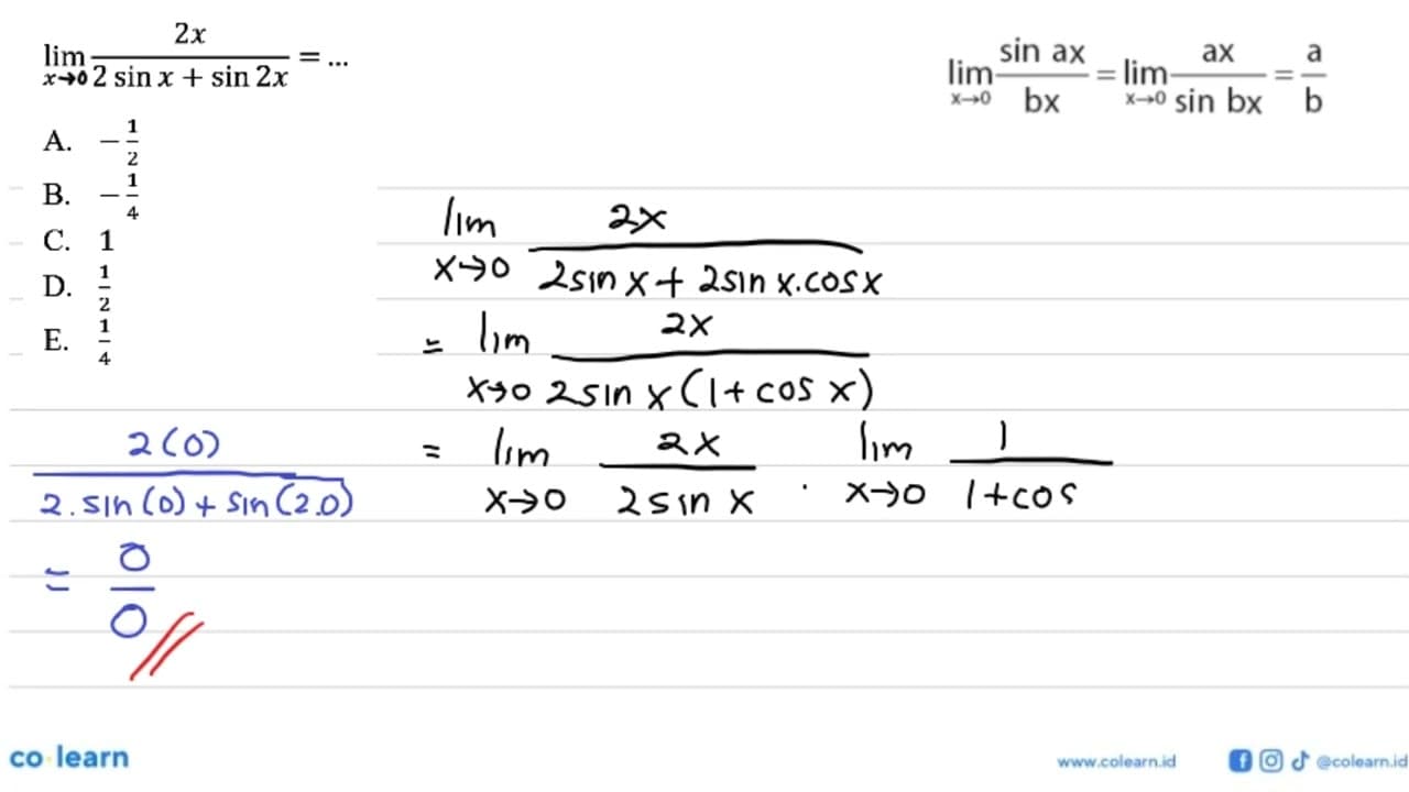 lim x->9 (2x)/(2sinx+sin2x) = ...