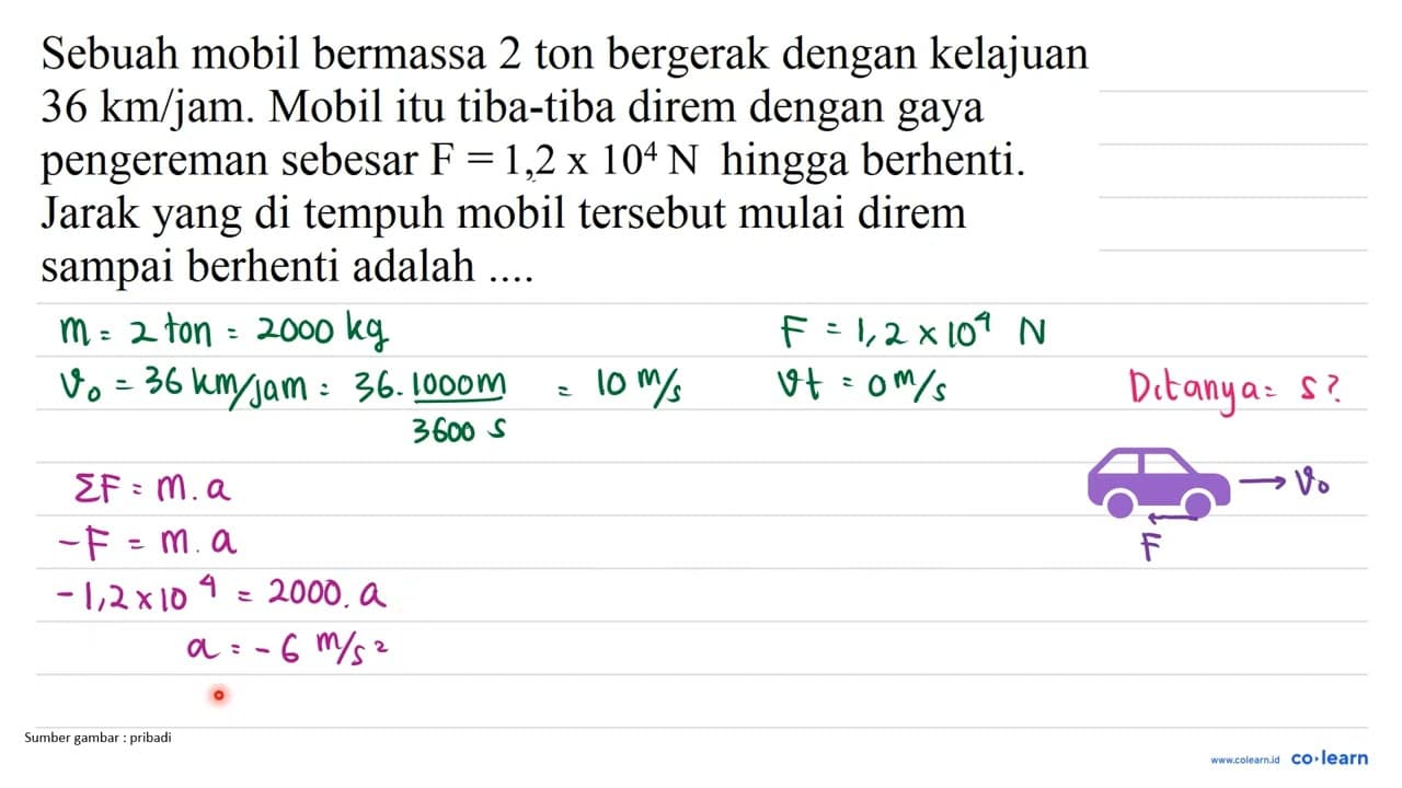Sebuah mobil bermassa 2 ton bergerak dengan kelajuan 36 ~km