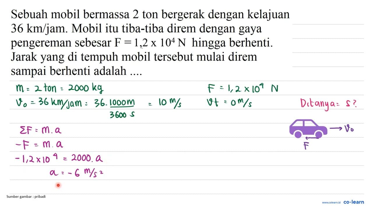 Sebuah mobil bermassa 2 ton bergerak dengan kelajuan 36 ~km