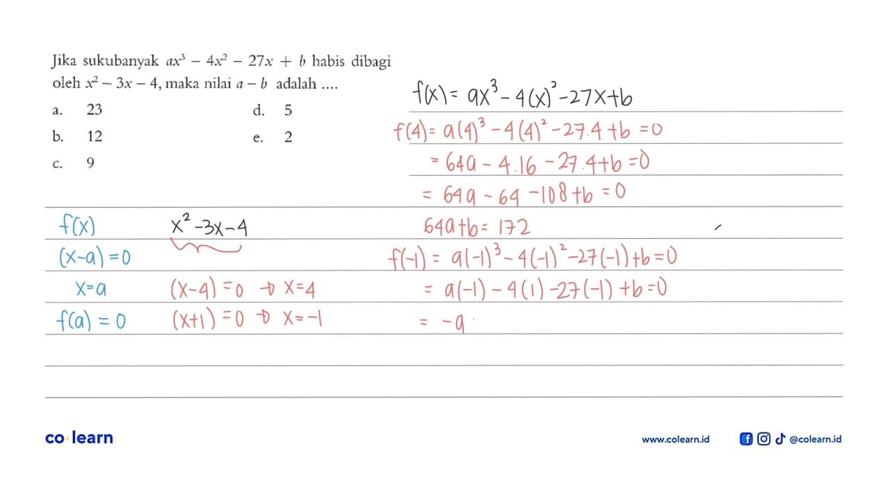 Jika sukubanyak ax^4-4x^2-27x+b habis dibagi oleh x^2-3x-4,