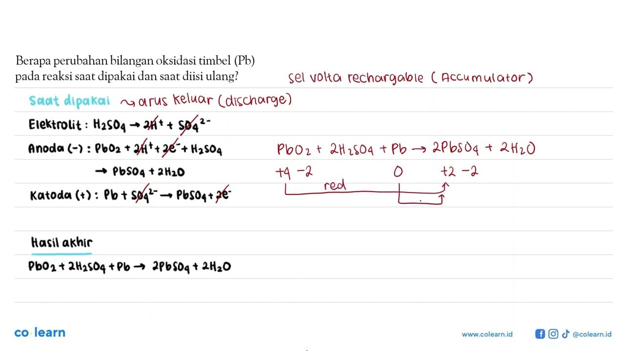 Berapa perubahan bilangan oksidasi timbel (Pb) pada reaksi