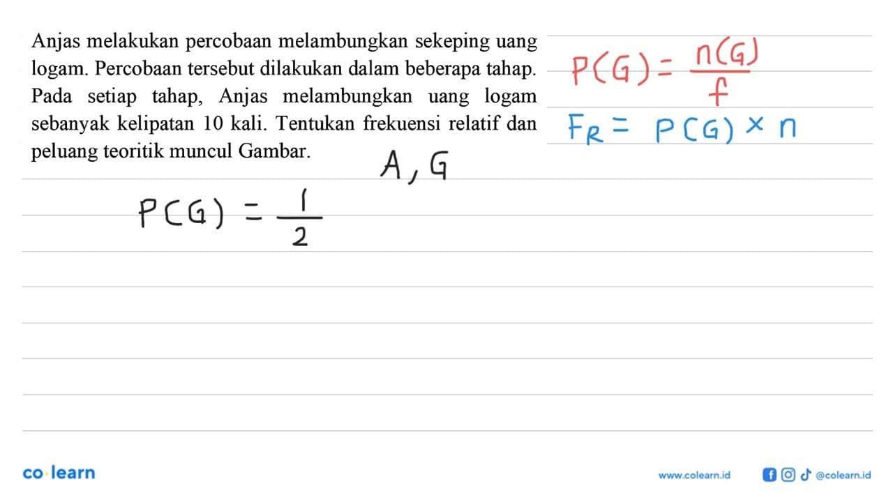 Anjas melakukan percobaan melambungkan sekeping uang logam.