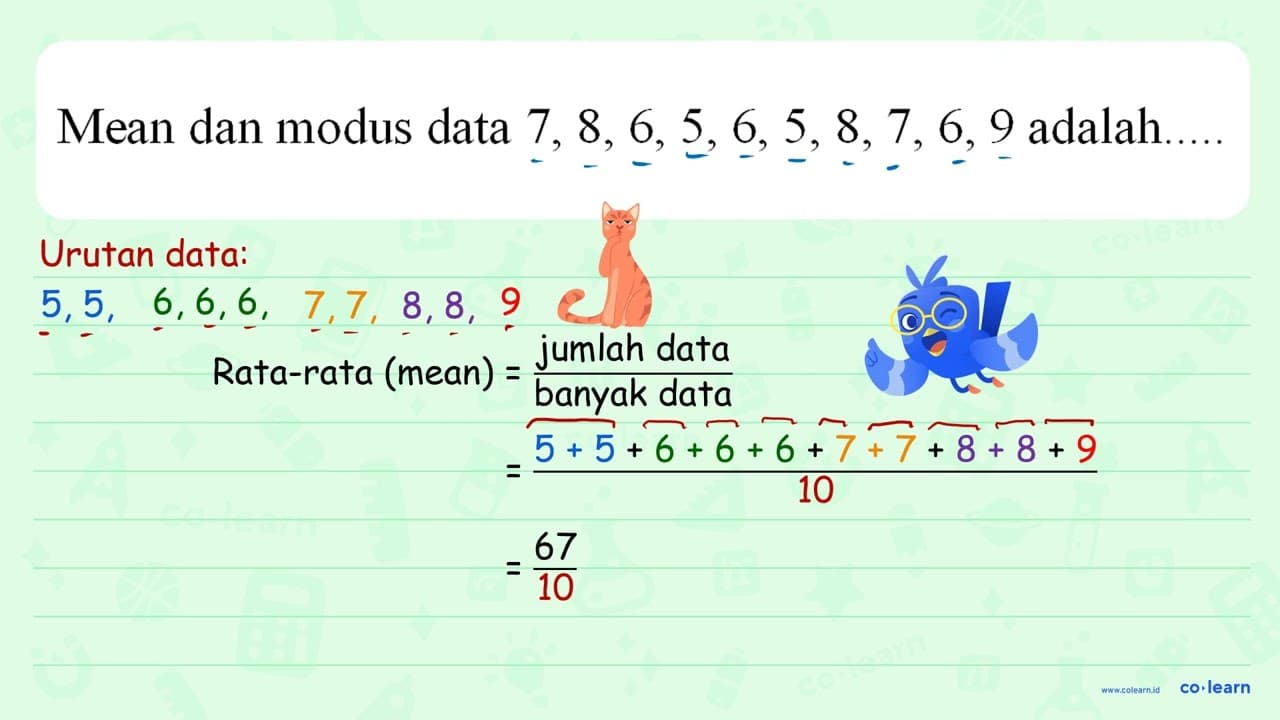 Mean dan modus data 7,8,6,5,6,5,8,7,6,9 adalah