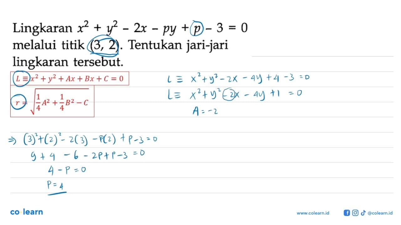 Lingkaran x^2+y^2-2x-py+p-3=0 melalui titik (3,2). Tentukan