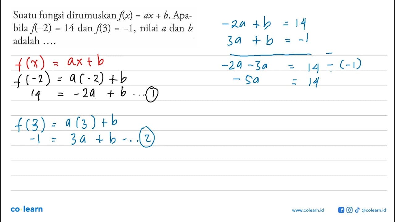 Suatu fungsi dirumuskan f(x) = ax + b. Apabila f(-2) = 14