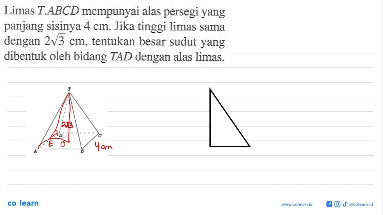 Limas T.ABCD mempunyai alas persegi yang panjang sisinya 4