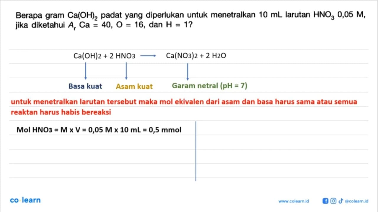 Berapa gram Ca(OH)2 padat yang diperlukan untuk menetralkan