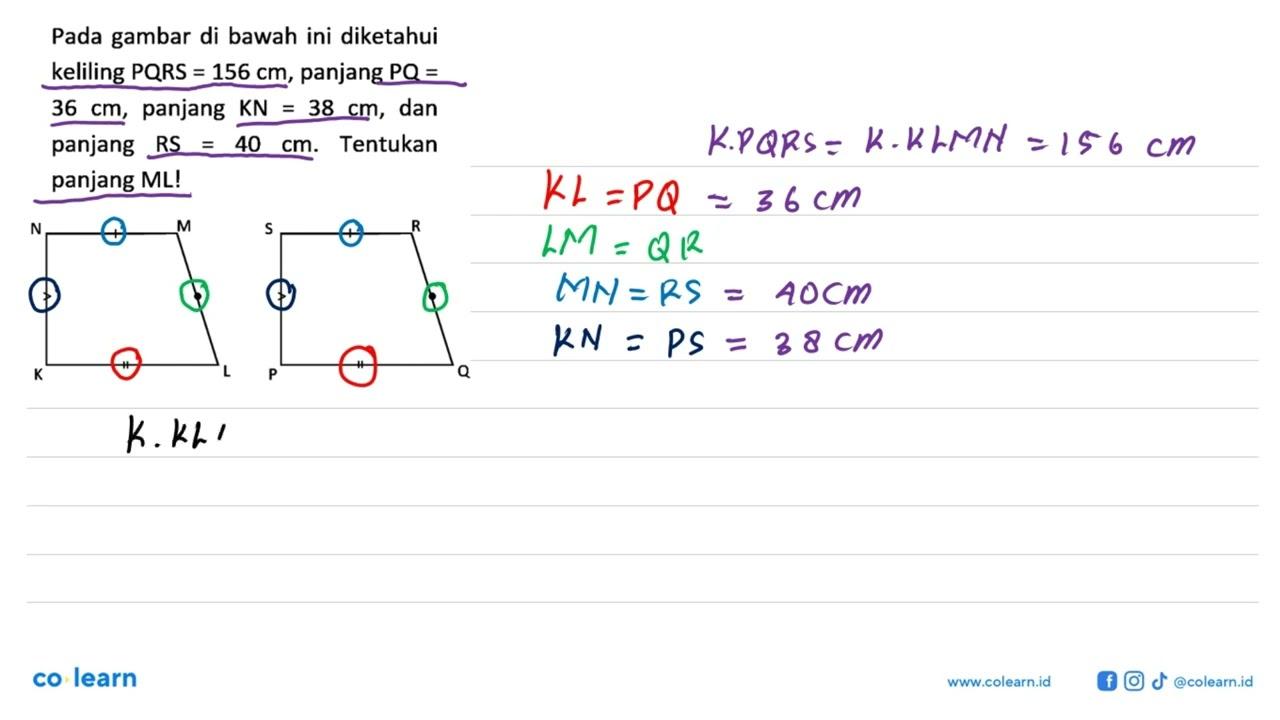 Pada gambar di bawah ini diketahui keliling PQRS=156 cm,