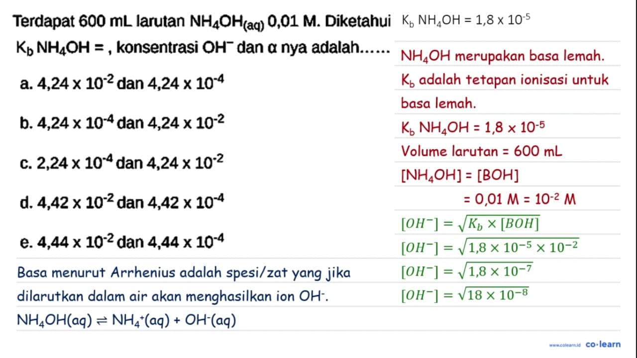 Terdapat 600 mL larutan NH4 OH_( {(aq) )) 0,01 M .