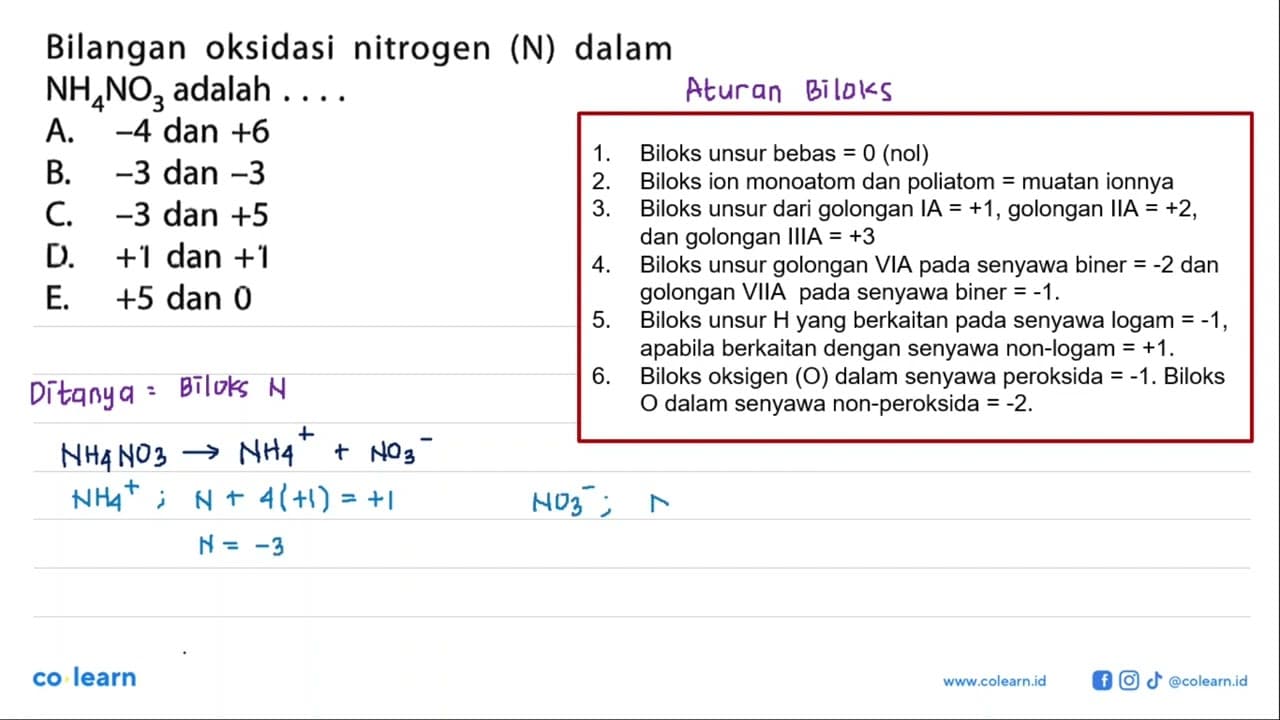 Bilangan oksidasi nitrogen (N) dalam NH4NO3 adalah ...