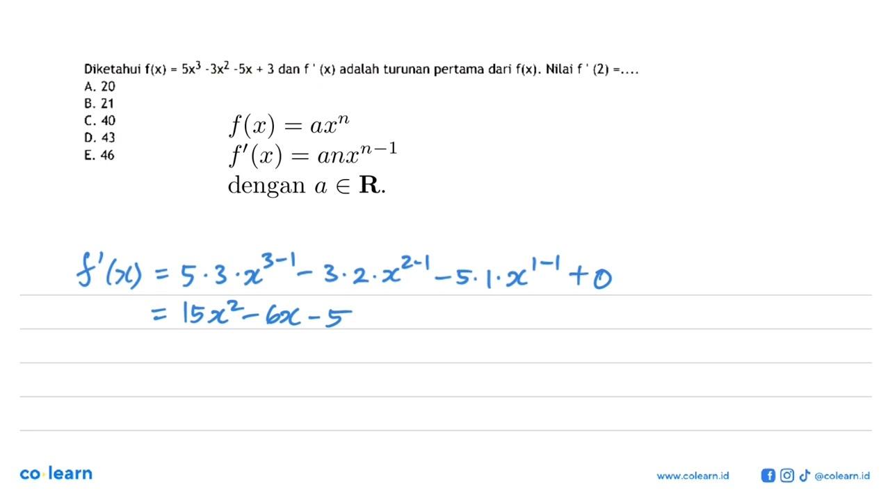 Diketahui f(x)=5x^3-3x^2-5x+3 dan f'(x) adalah turunan