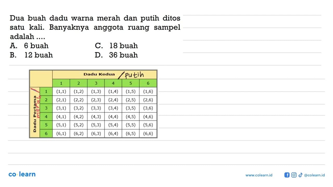 Dua buah dadu warna merah dan putih ditos satu kali.