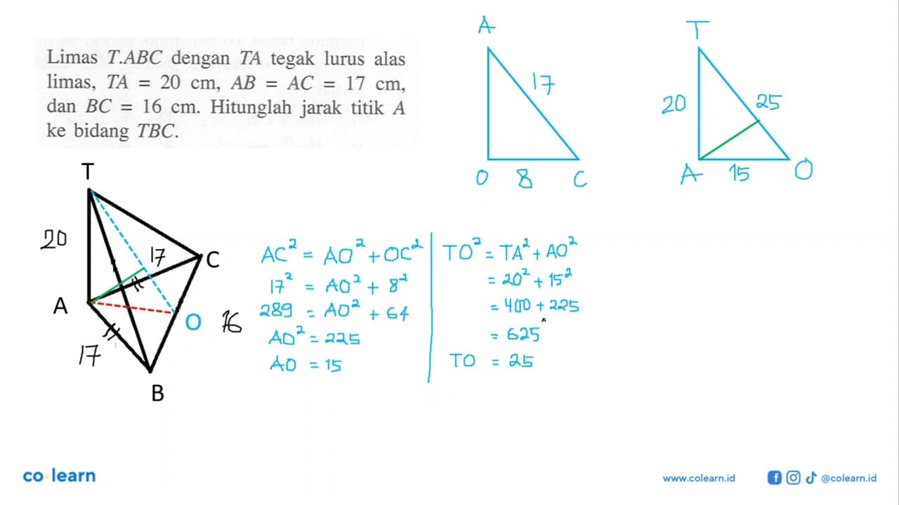 Limas T.ABC dengan TA tegak lurus alas limas, TA=20 cm,